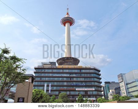 KYOTO, JAPAN - JUNE 8, 2016: Front view of Kyoto Tower, a landmark of Kyoto and  the world's tallest non steel-frame construction. The Observation Deck located 100 meters above the ground.