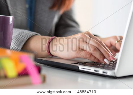 Close up view of businesswoman designer or student hands working on laptop. Online distant education writing blog freelance mobile payments working at office or at home concept.