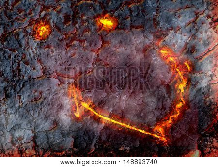 illustration composition about a strange phenomenon of smiling Hawaiian Kilauea volcano looking like eyes and smile seen from above its crater. Located in Big Island Hawaii United States.