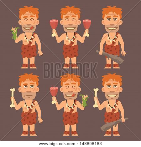 Vector Illustration, Neanderthal Holds Frog Meat and Cudgel, Format EPS 8