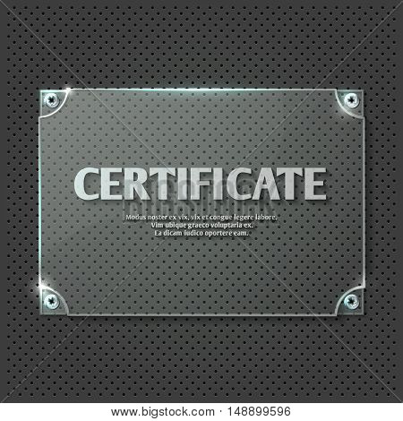 Certificate design on glass plate vector mockup. Transparent template panel illustration