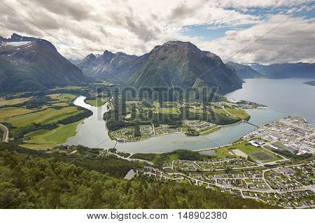 Norway landscape. Romsdal fjord Rauma river and Romsdal mountains. Andalsnes. Nesaksla