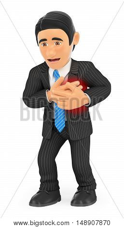 3d business people illustration. Businessman with a heart attack. Isolated white background.