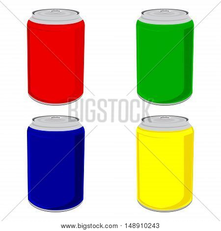 Vector illustration aluminum tin can color set collection. Red blue green and yellow cans isolated on white background. Beverage drink. Soda can icon