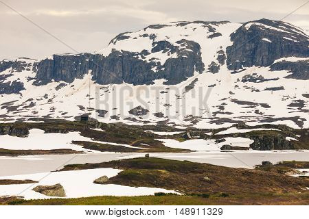 Norway hiking area scenic mountains landscape in summer.