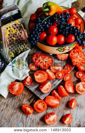 Tomato On Wooden Table. Freshly Picked Red Tomatoes. Variation O