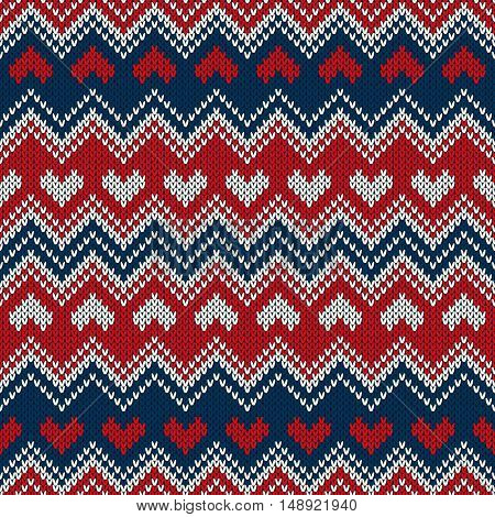 Fair Isle Style Knitted Sweater Design with Hearts. Seamless Knitting Pattern. Vector Knitted Texture