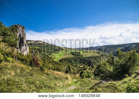 Panoramic view at meanders of the river Uvac on sunny day, southwest Serbia.