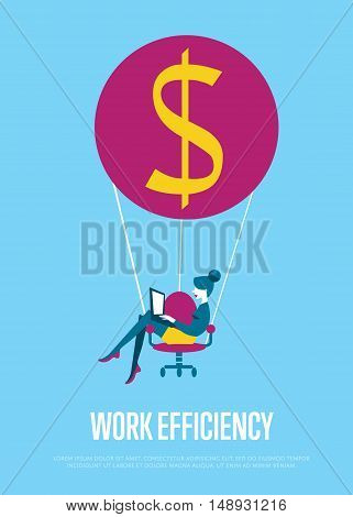 Young efficient business woman with laptop flying on hot air balloon with office chair instead of basket. Work efficiency banner, vector illustration. Abstract work smarter concept. Isolated character