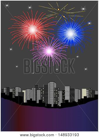 Vector fireworks above city - illustration, abstrack background