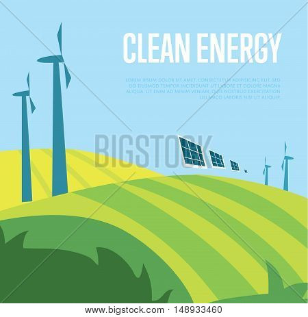 Clean energy vector illustration. Wind turbines in green field on background of blue wavy sky. Windfarm poster. Ecological types of electricity. Eco generation. Renewable resources concept.