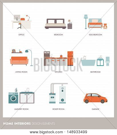 Conceptual home room interiors with objects and furnishings: office bedroom bathroom living room kitchen garage laundry and boiler room