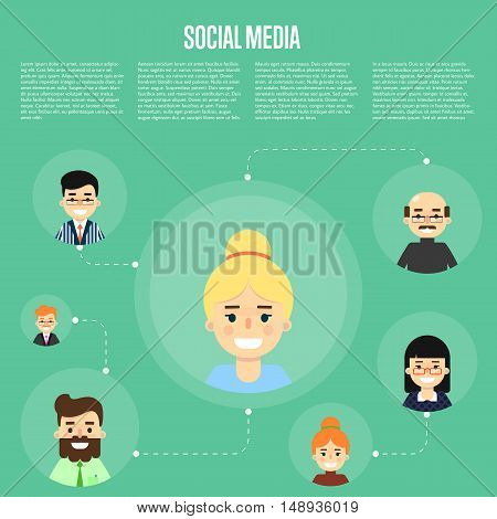 Social networking concept. Social media and social network people connecting. Social media network infographics with people and their social network. Community of social network people vector illustration. Social media people. Social network map. Teamwork