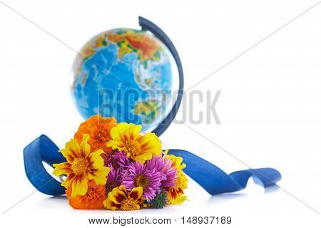 bouquet of autumn flowers with a globe on a white background
