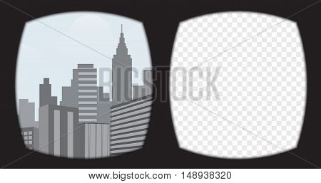 Virtual reality glasses overlay on the transparent background. View from the vr helmet include urban scene template.