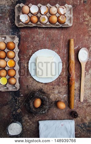 Baking Cake Ingredients - Bowl, Flour, Eggs, Egg Whites Foam, Eg