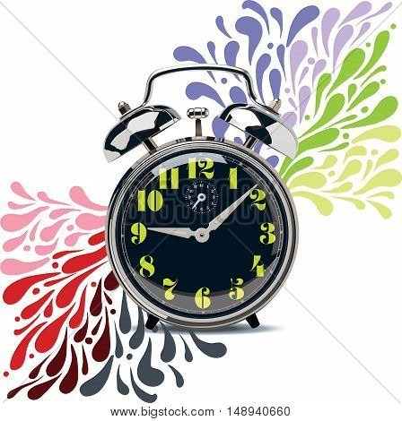Black retro alarm clock with colorful numbers on a color dynamic background