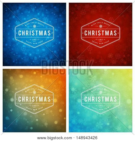 Christmas Typography Greeting Cards Design Set. Merry Christmas and Holidays wishes retro style vintage ornament decoration. Christmas lights and Snowflakes Backgrounds. Vector illustration EPS 10.