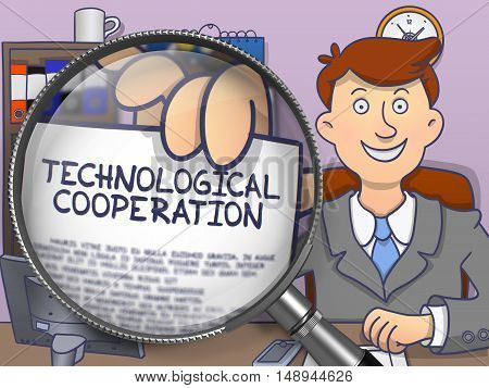 Technological Cooperation. Cheerful Officeman Sitting in Offiice and Showing Paper with Concept through Magnifier. Multicolor Doodle Style Illustration.