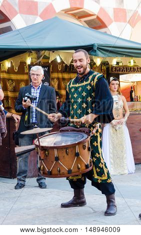 Badajoz Spain - September 23 2016: Medieval musicians perform during celebration of Almossassa in Badajoz Extremadura Spain