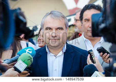 Badajoz Spain - September 23 2016: Badajoz City Mayor Francisco Javier Fragoso Martinez speaks in celebration of Almossassa Badajoz Extremadura Spain