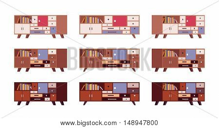 Set of retro sideboards with drawers and bookshelves isolated against white background. Cartoon vector flat-style illustration
