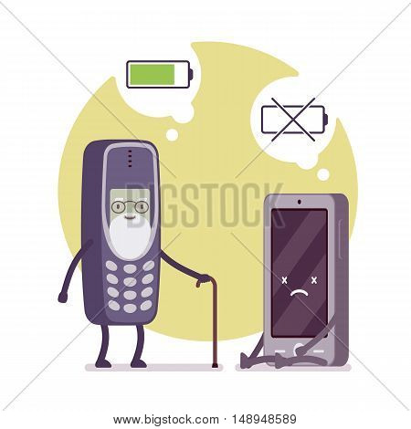 Charged phone and dead smartphone, battery status in a cloude. Cartoon vector flat-style concept illustration