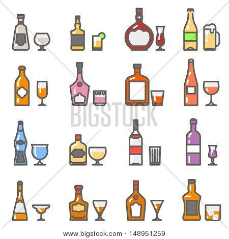 Alcohol bottles and alcohol glasses and stemware line flat icons. Vector illustration