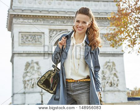 Happy Young Elegant Woman In Trench Coat In Paris, France