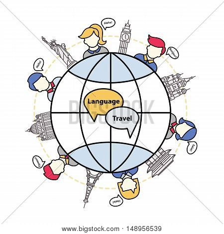 Vector logo for the language of tourism. A banner with the worlds landmarks and icons of people with speech bubbles in different languages.