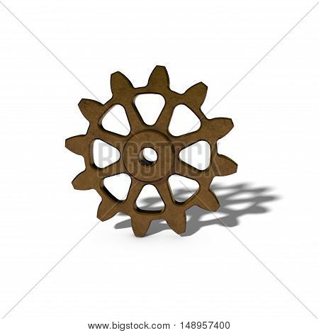 Metallic cogwheel on white background. 3D rendering illustration.