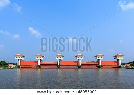 Sluice large on the Bang Pakong River in Chachoengsao Thailand .