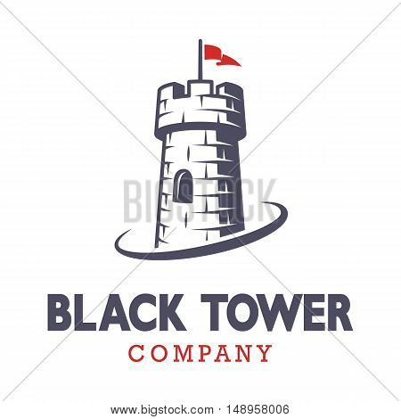Knight black tower logo with red flag. Monochrome on white background.