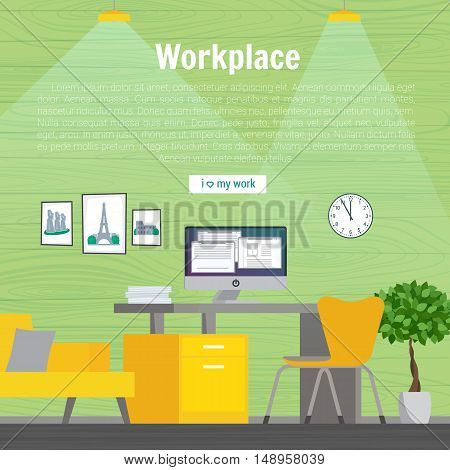 Table and work on the computer. Business office work workplace yllow and green color. Flat design vector illustration.