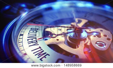 Delivery Time. on Pocket Watch Face with Close Up View of Watch Mechanism. Time Concept. Light Leaks Effect. 3D Render.