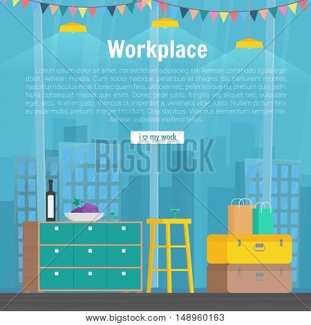 Collection stylish colors business work flow items elements things equipment objects. Flat modern design concept of creative office room interior workspace workplace. Vector illustration.
