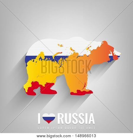 National Russia symbol Bear with an official flag and map silhouette. Russian Federation. Vector illustration