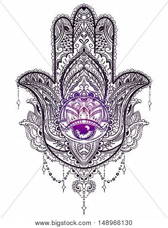 Hand drawn Ornate amulet Hamsa Hand of Fatima. Ethnic amulet common in Indian Arabic and Jewish cultures.