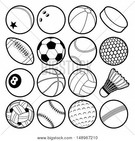 Black and white sport balls icon set
