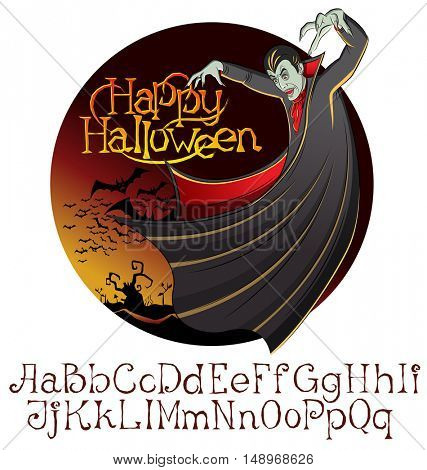 Cartoon Dracula vector. Halloween font set. Vampire Dracula Halloween. Halloween background