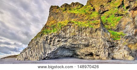 Basalt Halsanefshellir Cave at the Black Reynisfjara beach, South Icealnd