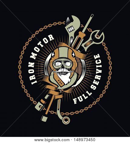 vector emblem garage skull helmet around tools