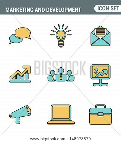 Icons Line set premium quality digital marketing symbol business development items social media objects and office equipment. Modern pictogram collection flat design style. Isolated white background