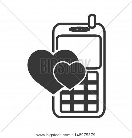 retro mobile phone device with hearts shape icon silhouette. vector illustration