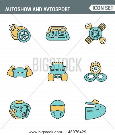 Icons line set premium quality of autoshow and avtosport monster truck engine car racing rally muscle . Modern pictogram collection flat design style symbol . Isolated white background
