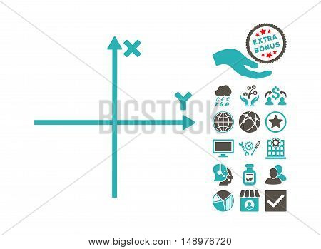 Cartesian Axes pictograph with bonus symbols. Vector illustration style is flat iconic bicolor symbols grey and cyan colors white background.
