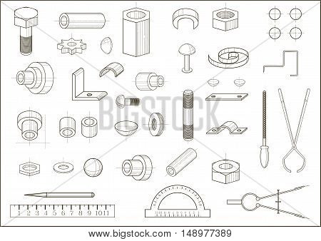 A set of images of different abstract metal parts and tools. The drawing in vector graphics