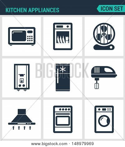 Set modern vector icons. Kitchen appliances microwave dishwasher fan boiler refrigerator blender extractor hood gas stove washing machine. Black signs white background. Design isolated symbol.