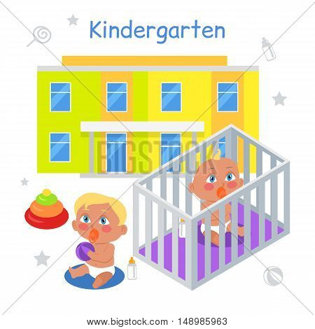Kindergarten illustration in flat. Two children with nipple play on the floor on the background of kindergarten. Baby in playpen. Baby with nipple. Baby with milk bottle. Baby in flat. Illustration
