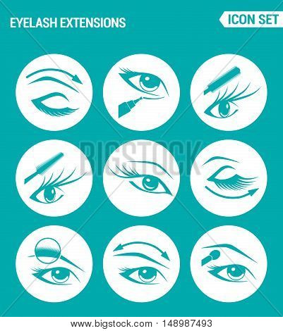 Vector set web icons. Eyelash extensions eyes mascara eye shadow eyebrow eyeliner increasing the volume of eyelashes. Design of signs symbols on a turquoise background